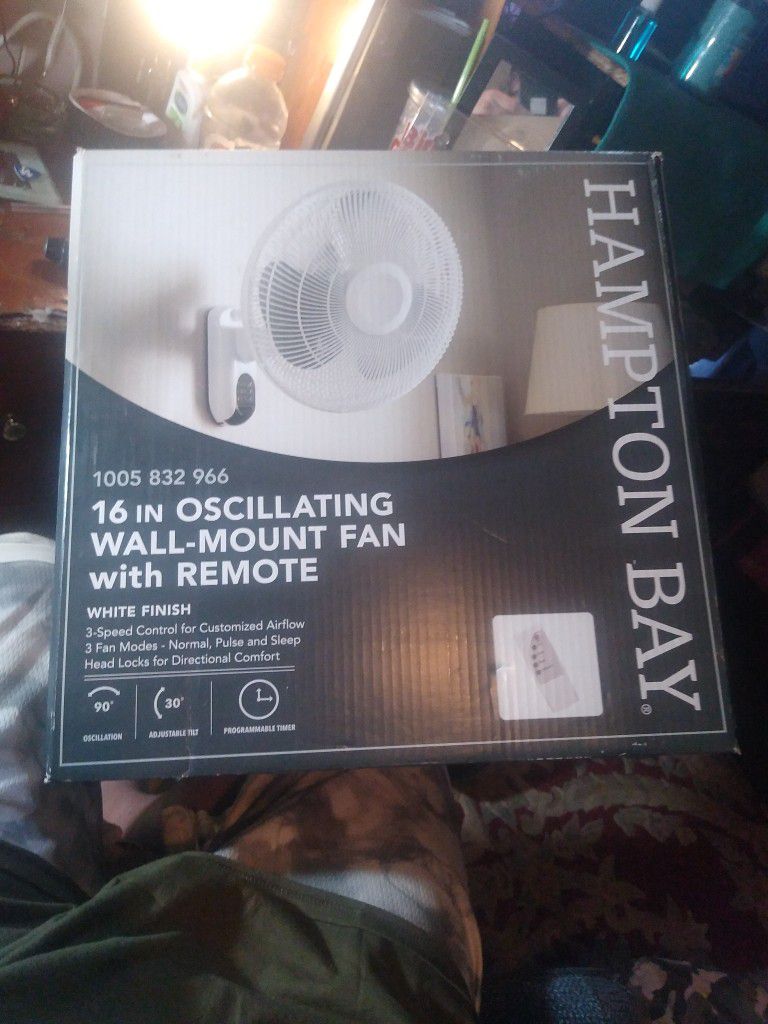 Hampton Bay 16 Inch Oscillating Wall Mount Fan With Remote. Brand New In Box Unopened. Purchased From Home Depot May/2022