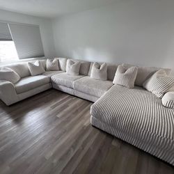 Cream White Corduroy Chaise Sectional 