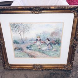 Beautifully Framed Original Painting Signed D Kent Depicts Mother Sitting & Daughter  With Flowers 