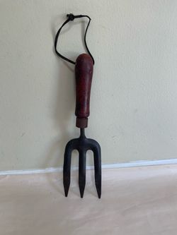 Vintage 3 Tine Garden Hand Fork Wood Red Handle Rustic Weeding Cultivator Tool