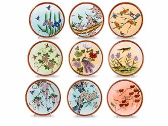 1981-IN A JAPANESE GARDEN-PLATE-YOSHIAKI YAMAZAKI KUTANI PORCELAIN-Hand Painted set of 9