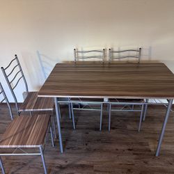 $95$ 5-Piece Kitchen/Dining Set - Faux Wood Table + 4 Metal Chairs, Clean & Sturdy