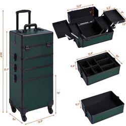 4 in 1 Aluminum Rolling Makeup Case Professional Cosmetic Case Makeup Train Case Cosmetic Organizer Makeup Trolley Dark Green