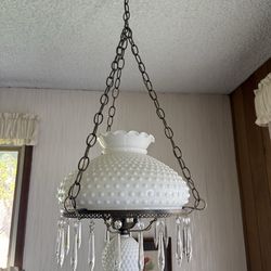 Vintage Hobnail Milk Glass Hanging Lamp w/ Crystal Prisms