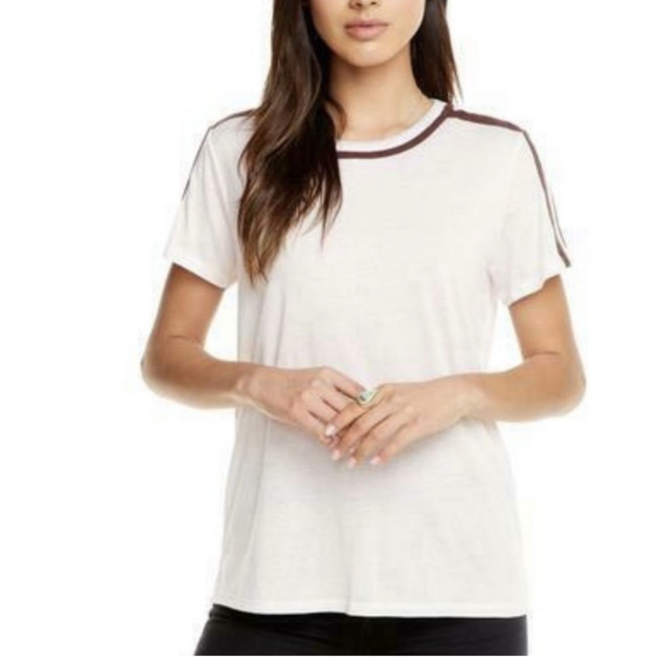 CHASER Light Pearl Pink Brown Stripe Blocked Lightweight Jersey Short Sleeve Tee