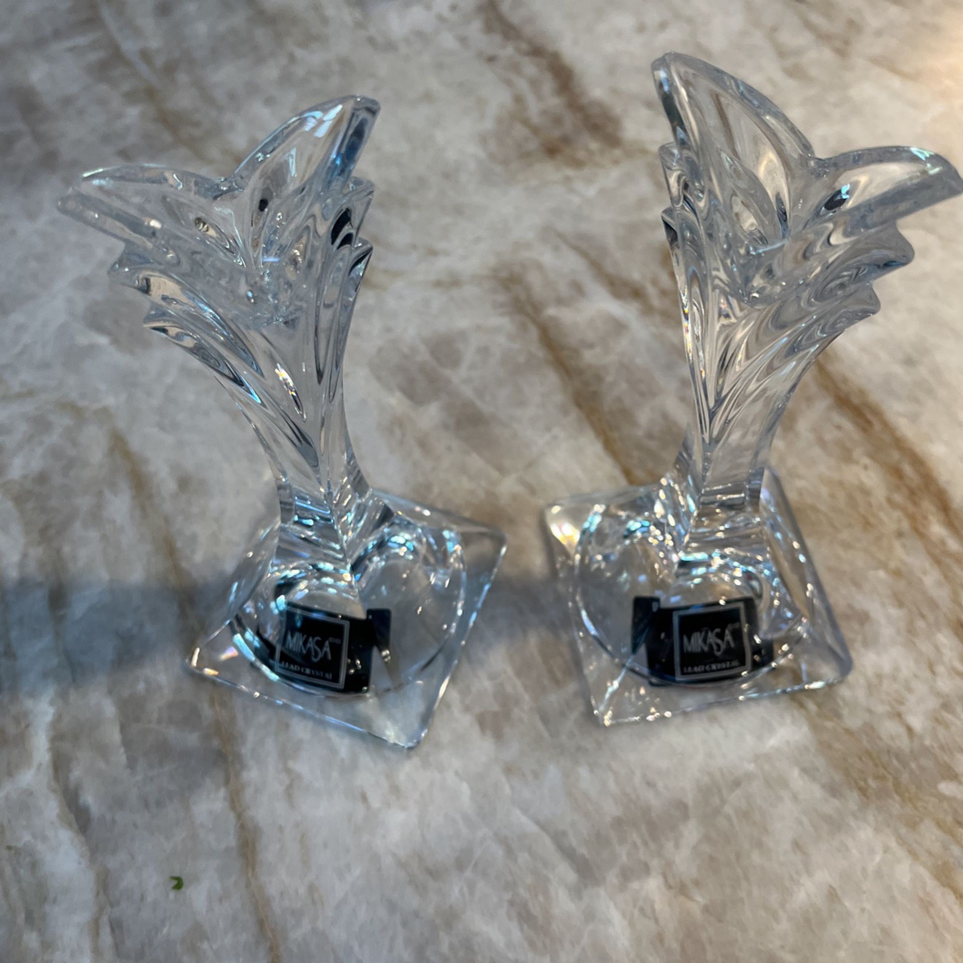 Set Of 2 Mikasa Fine Lead Crystal Candlestick Holders - Vintage 1970’s Made In Slovenia. Beautiful Etched Edges.