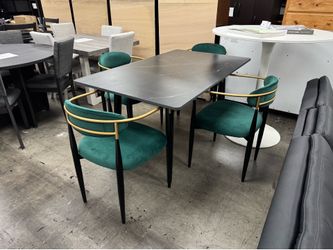 BRAND NEW Modern 5pc Dining Set, Black Sintered Stone Table and Green Chairs, Fabric Upholstered