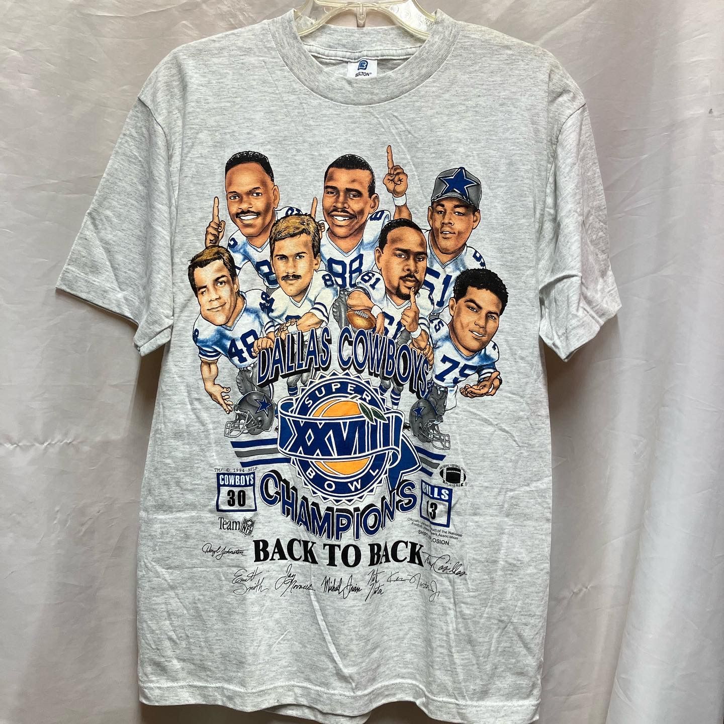 Vintage 1994 Dallas Cowboys NFL Back 2 Back Super Bowl XXVIII Champions Shirt Xplosion Caricature Autographed Benton Tee