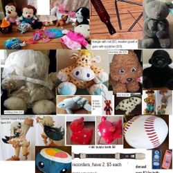 Stuffed animals:labradoodle, mommy+baby, minion, dolphin, seal, puppy, wedding bridal teddy bear, sushi/baseball squish pillows, anime, figurines, pig