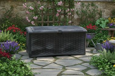 48x24x21in Suncast 71 Gallon Brown Plastic Patio Garden Outdoor Deck Box Storage Chest! Water Proof and Weather Resistant! Lockable. Includes lock and