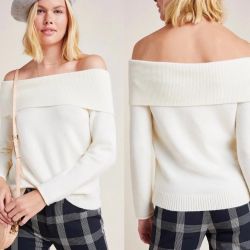 NWT DEFECTIVE $98 Anthropologie Ivory Shelby Off-The-Shoulder Pullover LP