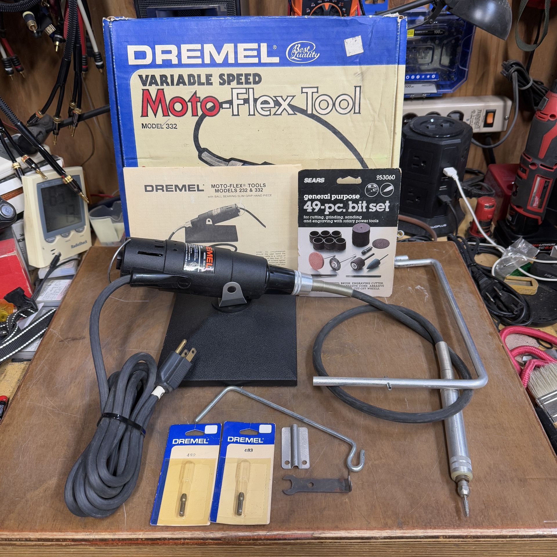 Vintage Dremel Moto-Flex 332 Variable Speed with Accessories, Stand, owner’s manual 