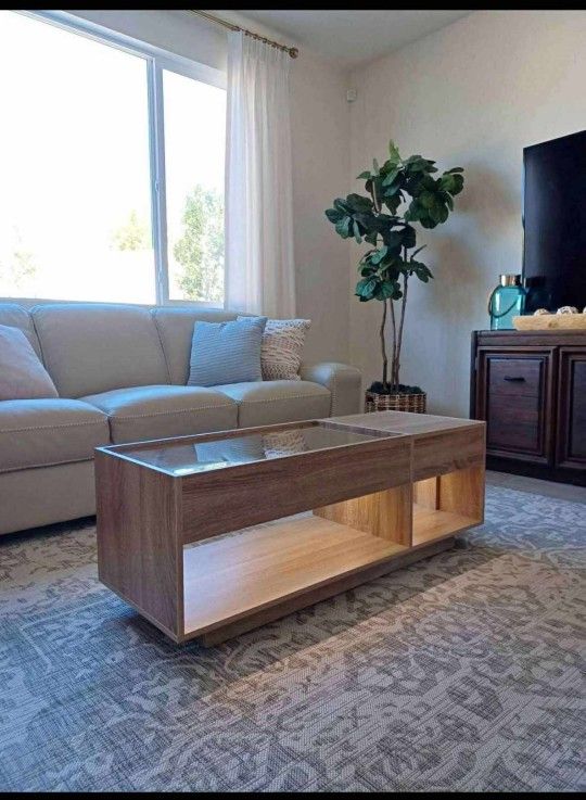 Coffee Table with LED Light and Power Outlet, Modern Glass Table Top with Storage Shelf, Center Table for Living Room with Drawer.