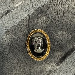 Vintage Black Hematite Glass Cameo Brooch in Gold Tone Frame