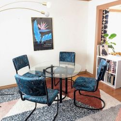 Teal Velvet Postmodern Dining Table Set w/ 4 Cantilevered Chairs