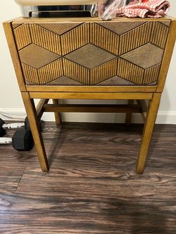Wood Nightstand with Geometric Carved Drawer