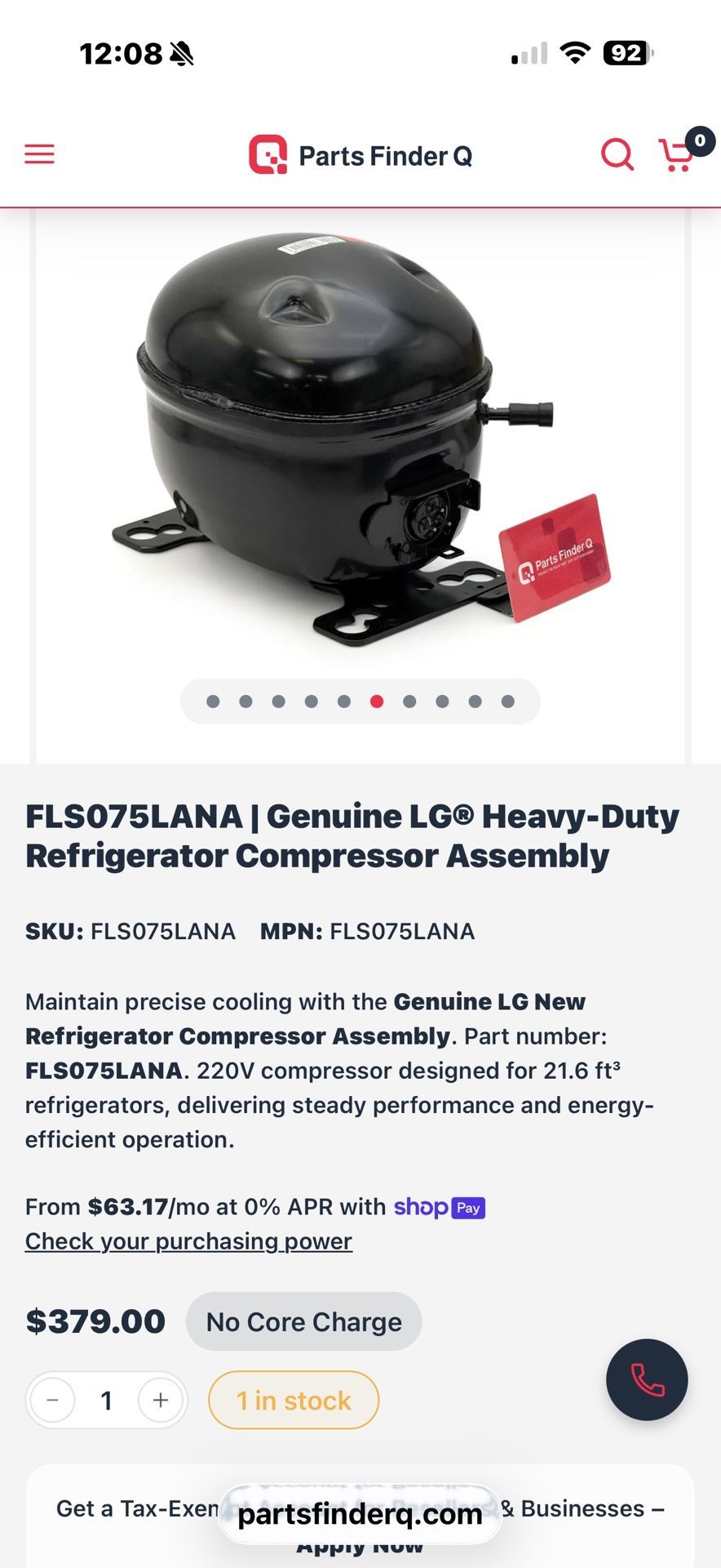 Kenmoore Elite Compressor #FLS075 LANA W/ Drier Assembly