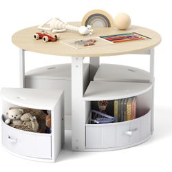 Small Chipped Assembled New Kids Table and Chairs, 5 Pieces Wooden Round Children Nesting Desk with 4 Storage Stools & 4 Fabric Drawers