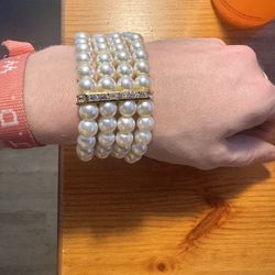 Pearl Bangle With Gold And Diamond Accent, Free Pair Of Earrings With Purchase