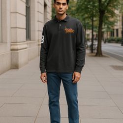 POLO RALPH LAUREN Mens Triple Pony Classic Fit Long Sleeve Charcoal Grey Medium