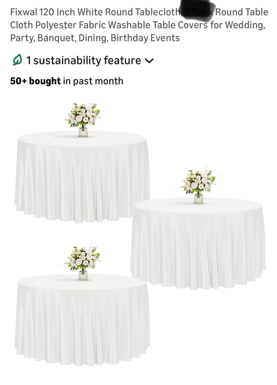 15 Round table linens, color white,  $6.60 each, 120 inches 