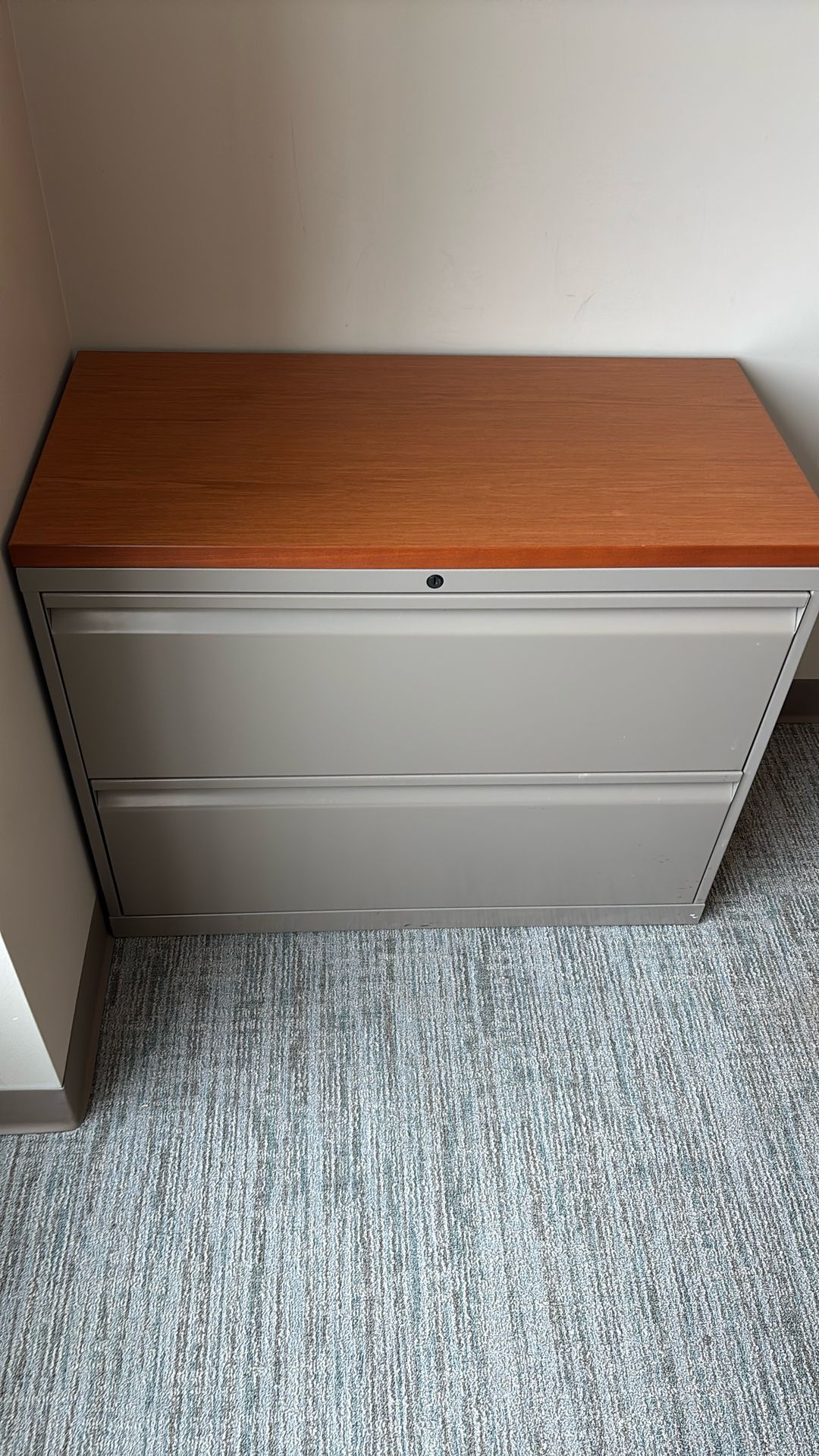 Like New Metal Grey 2 Drawer Filing Cabinet With Wood Top