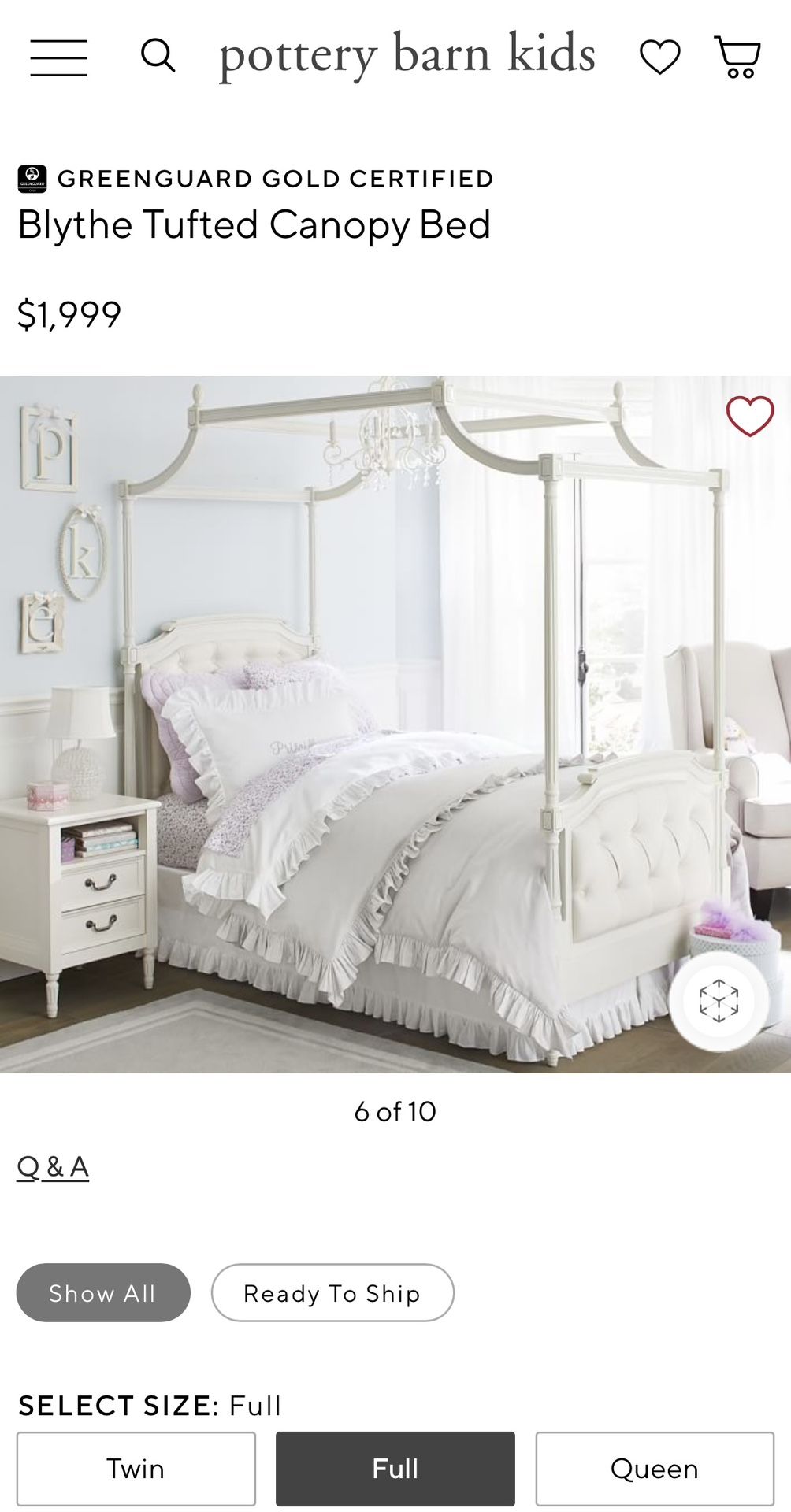 Pottery barn Blythe Tufted Canopy Bed, Dresser Nightstand And Desk