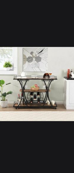 Brand New Industrial Rolling Bar Cart
with Wine Rack & Glass Holder