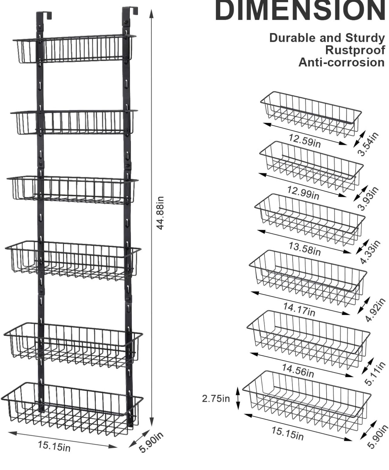 Delamu Over the Door Pantry Organizer, Metal Pantry Organizers and Storage, 6-Tier Over the Door Organizer, Pantry Door Organizer for Easy Install, D5