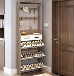Entryway Shoe Cabinet with Hooks and Drawers