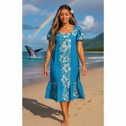 vintage Hawaii Kalena Fashions blue/green teal hibiscus floral 80s muumuu dress medium