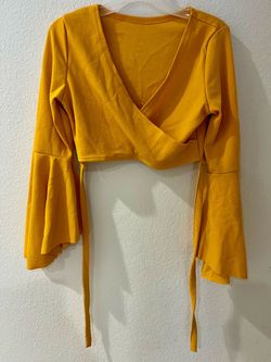 Mustard Yellow Bell Sleeve Wrap Crop Top
