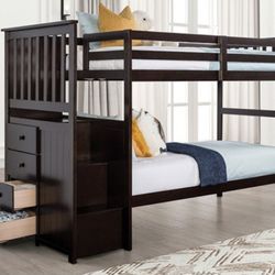 Brand New Espresso Twin Size Bunk Bed w Staircase 
