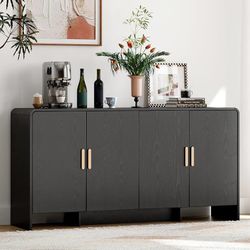60" Sideboard Buffet Cabinet with Adjustable Shelves Storage, Black Curved Design Sideboard with 4 Doors & 4-Tier Shelving Meets Various Needs,Mid Cen