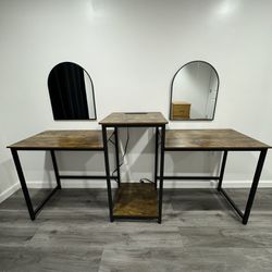 Two Person Desk And Two Black Vanity Mirrors