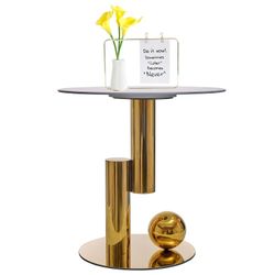White Gold Round Side Table, 19.7" Faux Marble Sofa End Table, Modern Nightstand, Small Accent Table with Stainless Steel Ball/Cylindrical Frame, for 