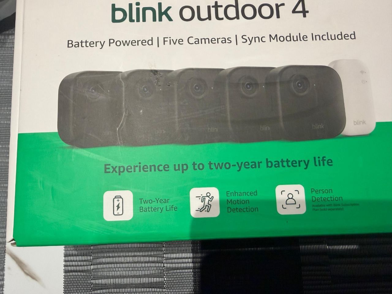 Blink Outdoor 4 - Wireless smart security camera, two-year battery life, 1080p HD day and infrared night live view, two-way talk, Sync Module Core inc