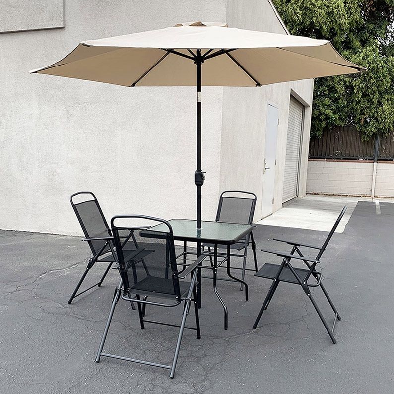 Brand New $140 Patio 6 Piece Outdoor Set with 32x32” Table 4pc Folding Chairs and 10 FT Tilt Umbrella