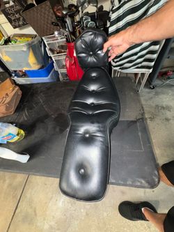 Motorcycle touring cruiser seat w/ passenger backrest button toughed upholstery style Vintage no rips excellent condition  Not sure what bike it will