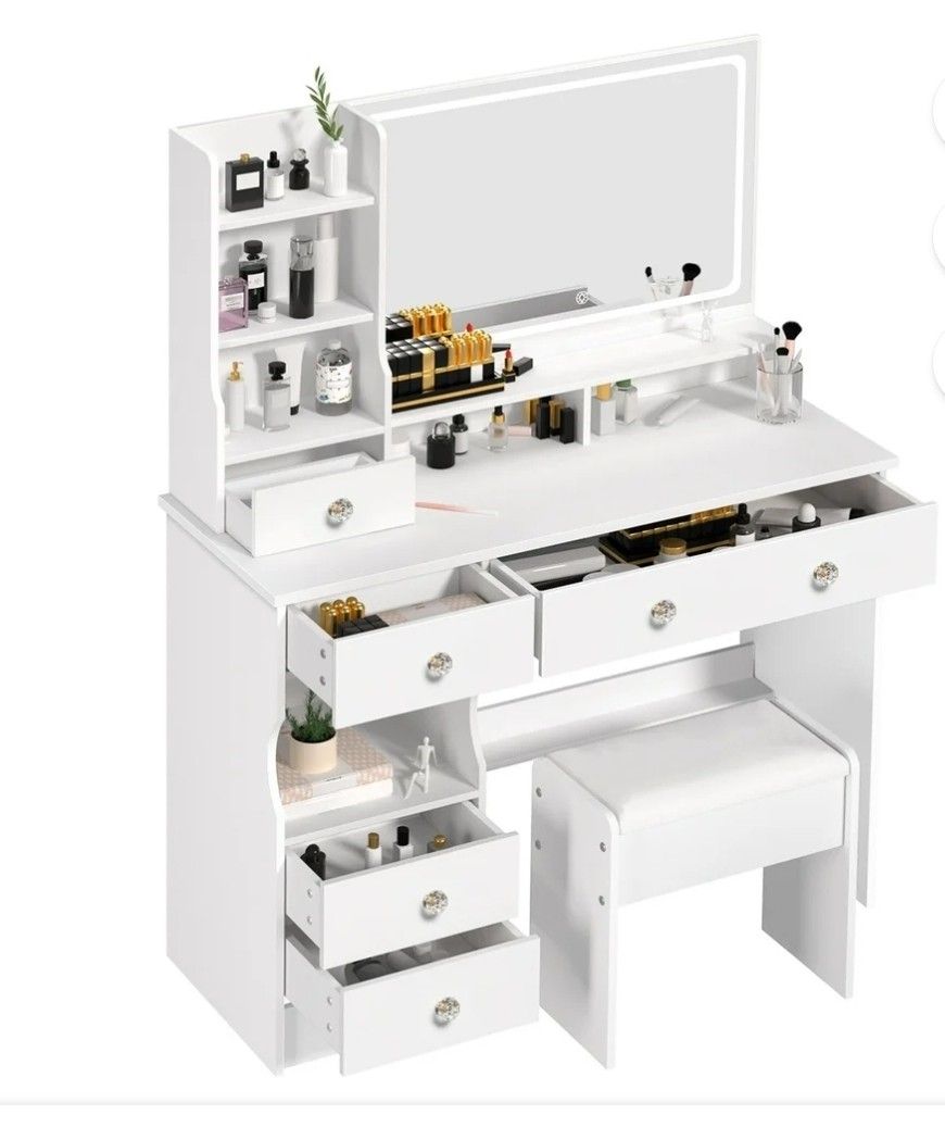 black vanity desk with led lighted mirror, bedroom dressing table, makeup desk with stool, 6 drawers