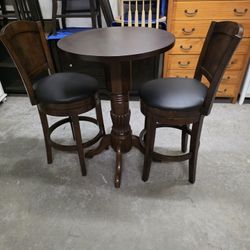 Dark Mahogany / Black Leather Bar Height Bistro Table Set
