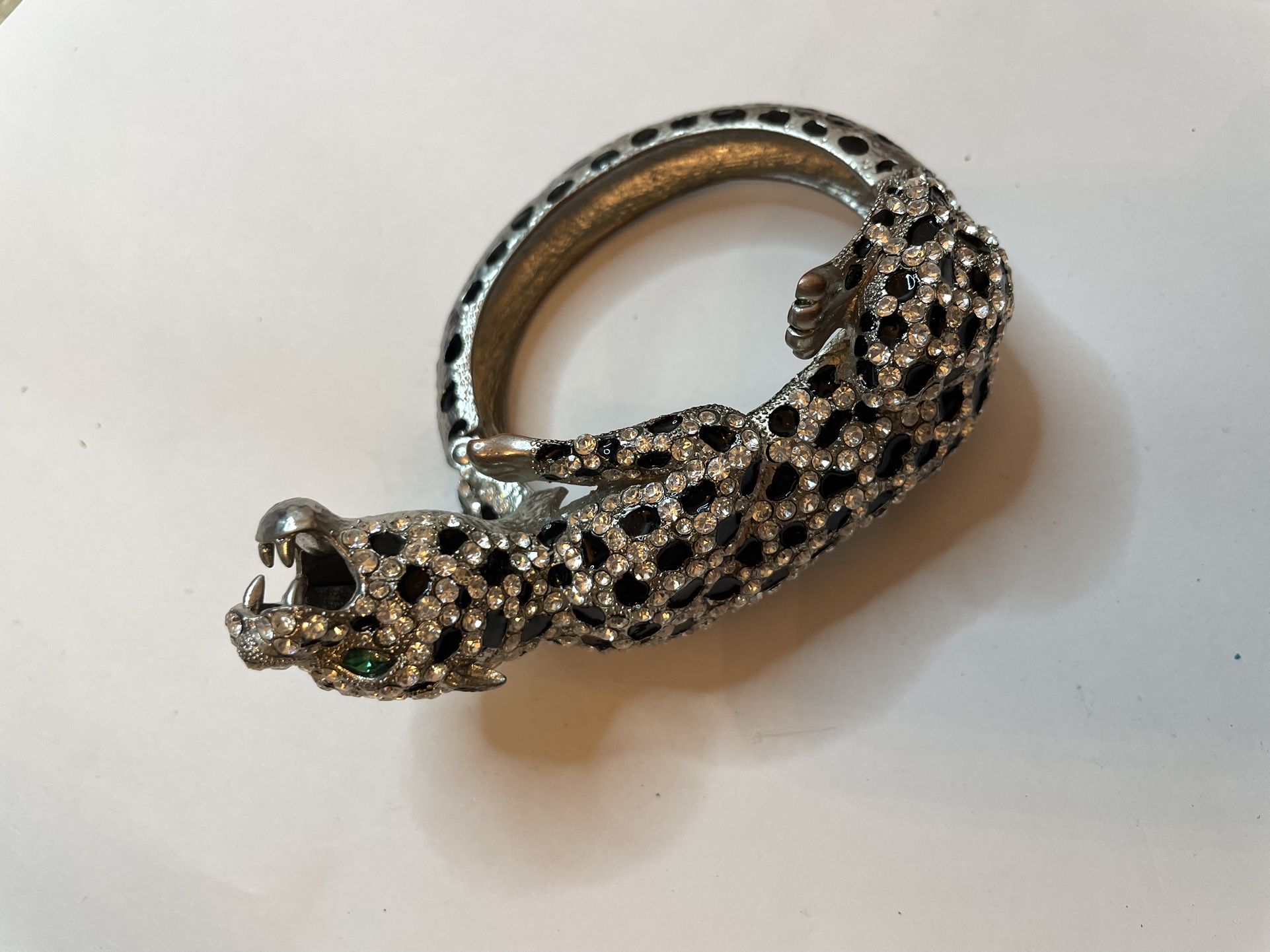 Vintage Silver Tone Panther Leopard Rhinestone Green Eyes Clamper Bracelet