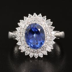 2.65 Ct Blue Sapphire  Ring Surrounded By White Sapphires