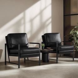 PU Leather Armchair, Retro Leisure Accent Chair with Extra Soft Padded and Cushion, Modern Reading Arm Chair with Black Metal Frame for Living Room/Of