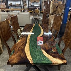 MEGA SALE! Green Resin Monkey Pod Dining Table - Green River ( Save $3000+)