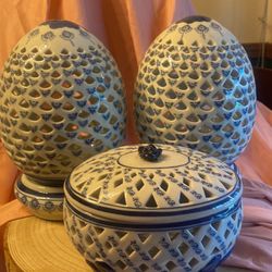 Hand Painted / Two Pierced Luminary Eggs And A Trinket Box 