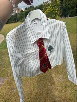 Harry Potter Hogwarts Inspired Crop Button-Down Shirt with Tie Detail