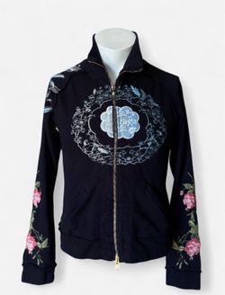VINTAGE LA Johnny Was Embroidered Women Zip-Up Hoodie