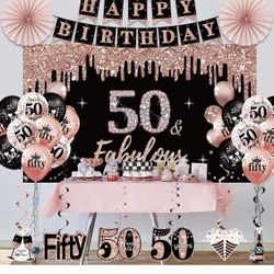 50th Birthday Decorations For Women, 33pcs 50th Birthday Crown And Sash, Black Rose Gold Happy 50th Birthday Banner Balloons Backdrop Hanging Swirls P