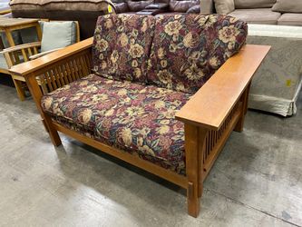 Wooden Mission Style Loveseat with Maroon Floral Cushions